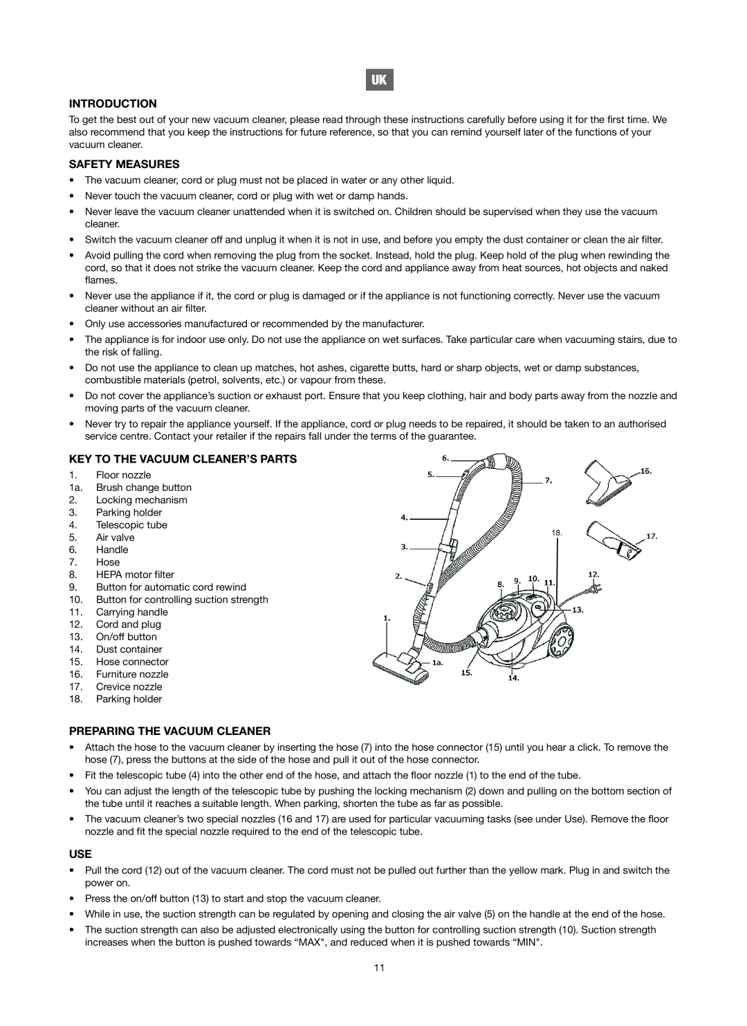 Melissa 740-106 manual Introduction, Safety Measures, Key To The Vacuum Cleaner’S Parts, Preparing The Vacuum Cleaner 