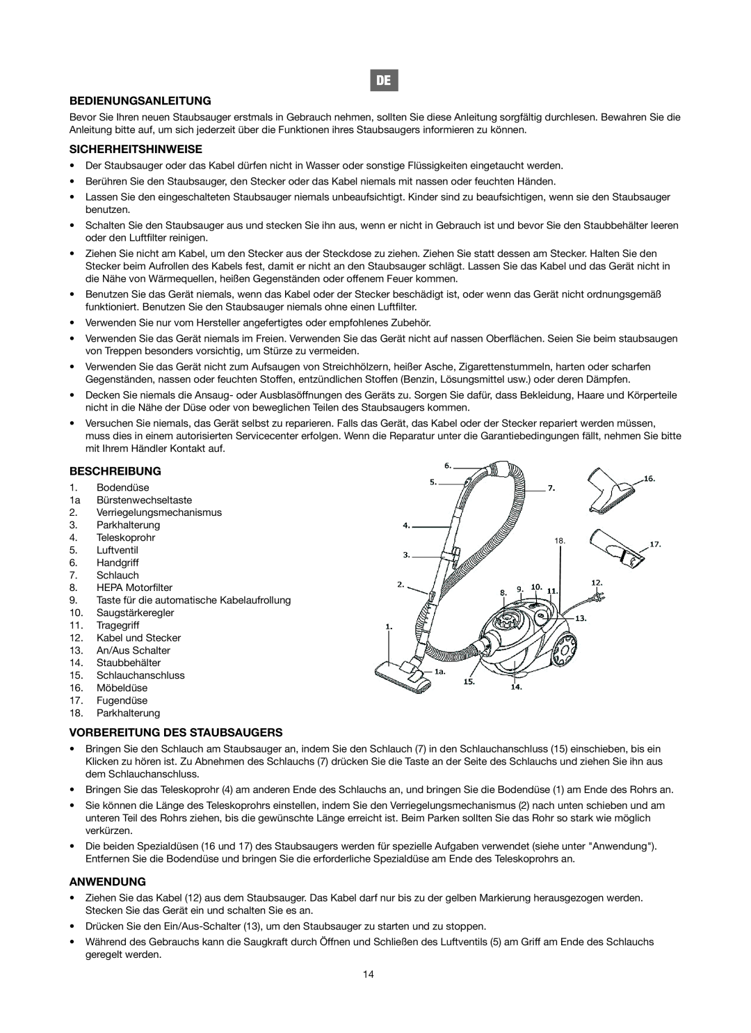 Melissa 740-106 manual Bedienungsanleitung, Sicherheitshinweise, Beschreibung, Vorbereitung Des Staubsaugers, Anwendung 
