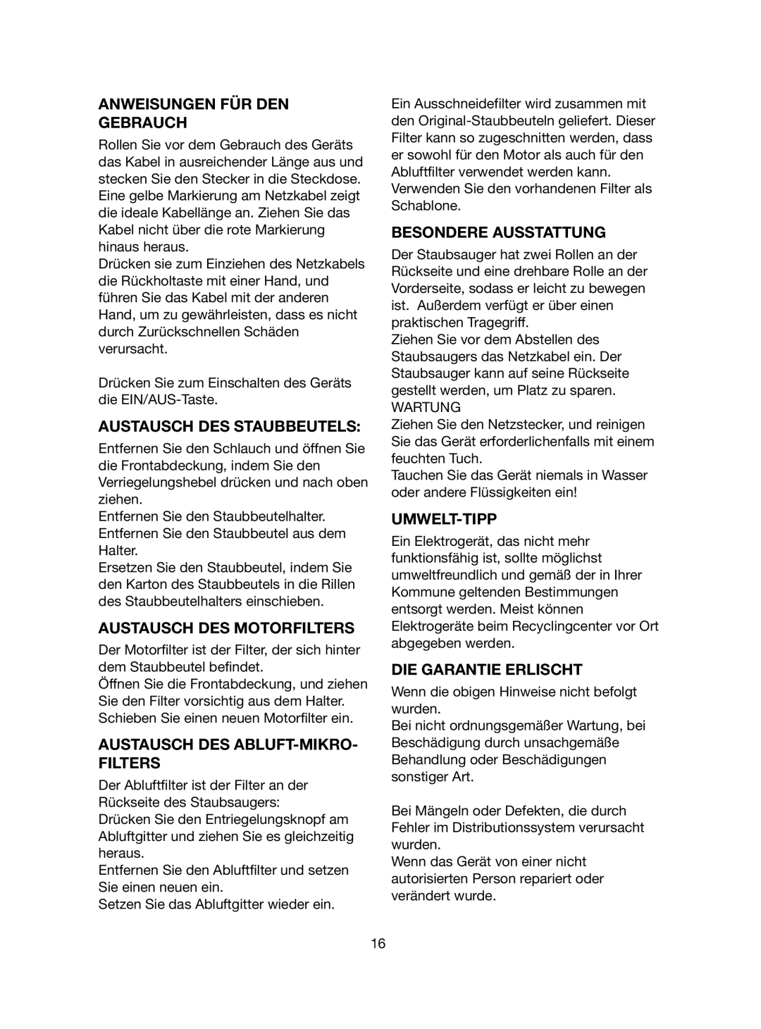 Melissa 740-107 manual Anweisungen FÜR DEN Gebrauch, Austausch DES Staubbeutels, Austausch DES Motorfilters, Umwelt-Tipp 