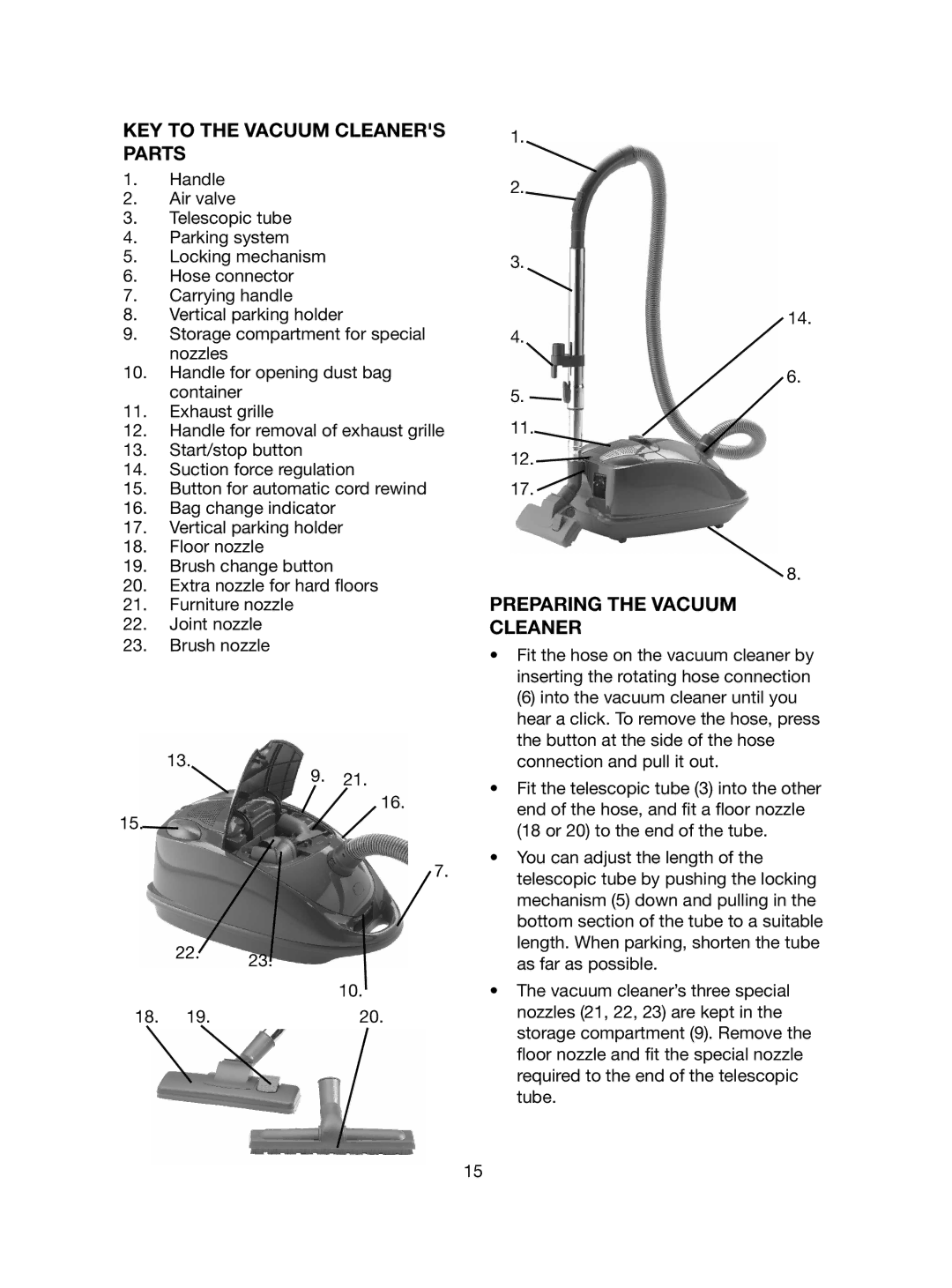 Melissa 740-109 manual KEY to the Vacuum Cleaners Parts, Preparing the Vacuum 