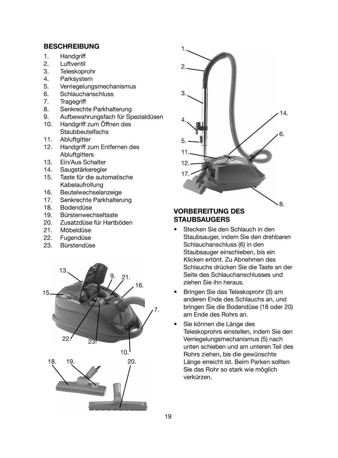 Melissa 740-109 manual Beschreibung, Vorbereitung DES Staubsaugers 