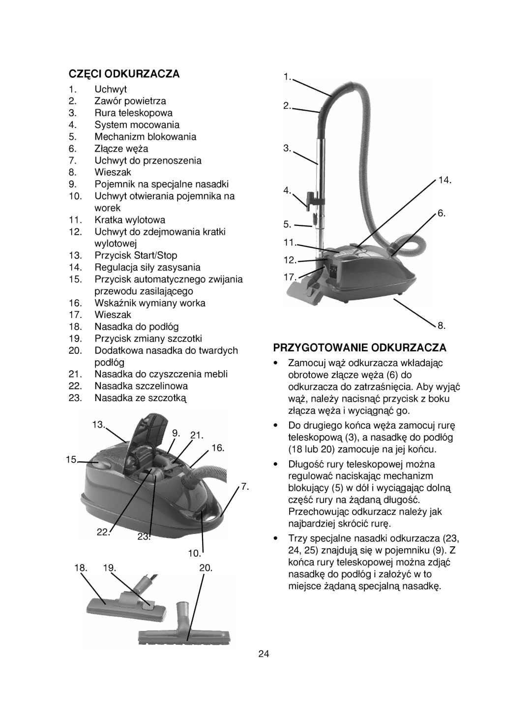 Melissa 740-109 manual CZ¢CI Odkurzacza, Przygotowanie Odkurzacza 