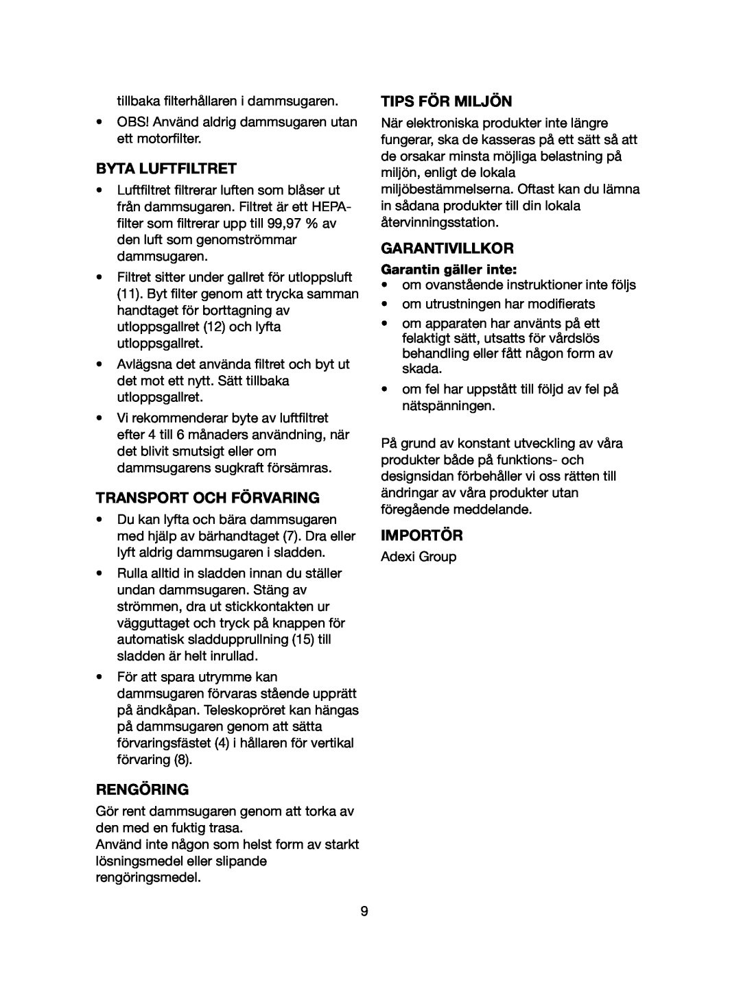 Melissa 740-109 manual Byta Luftfiltret, Transport Och Förvaring, Rengöring, Tips För Miljön, Garantivillkor, Importör 