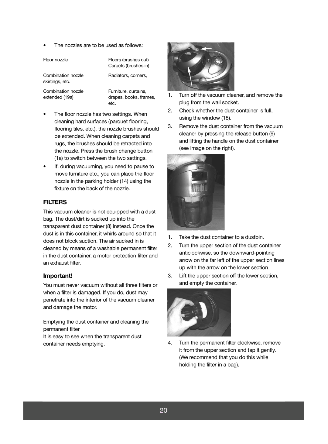 Melissa 740-110 manual Filters, Nozzles are to be used as follows 