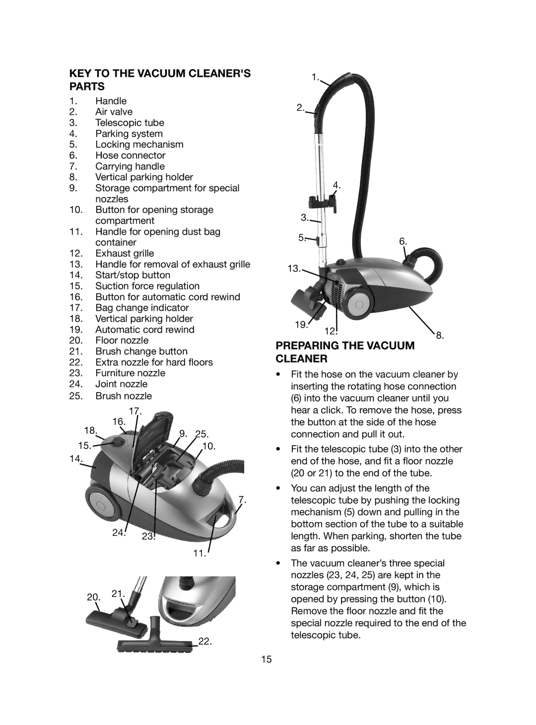 Melissa 740-114 manual KEY to the Vacuum Cleaners Parts, Preparing the Vacuum Cleaner 