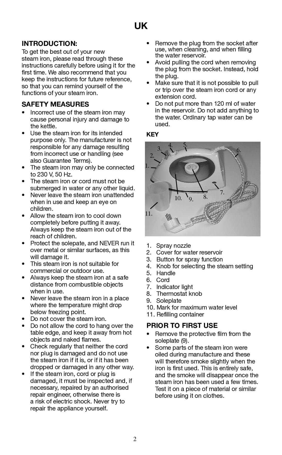 Melissa 741-047 manual Introduction, Safety Measures, Prior to First USE, Steam iron may only be connected to 230 V, 50 Hz 