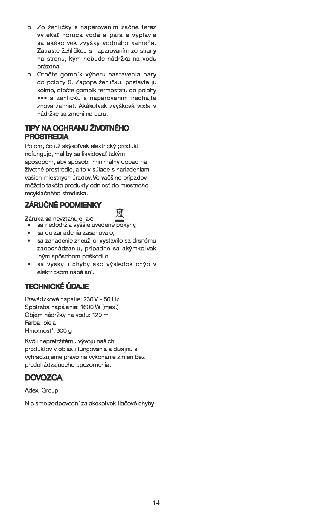 Melissa 741-047 manual Dovozca, Tipy Na Ochranu Životného Prostredia, Záručné Podmienky, Technické Údaje 