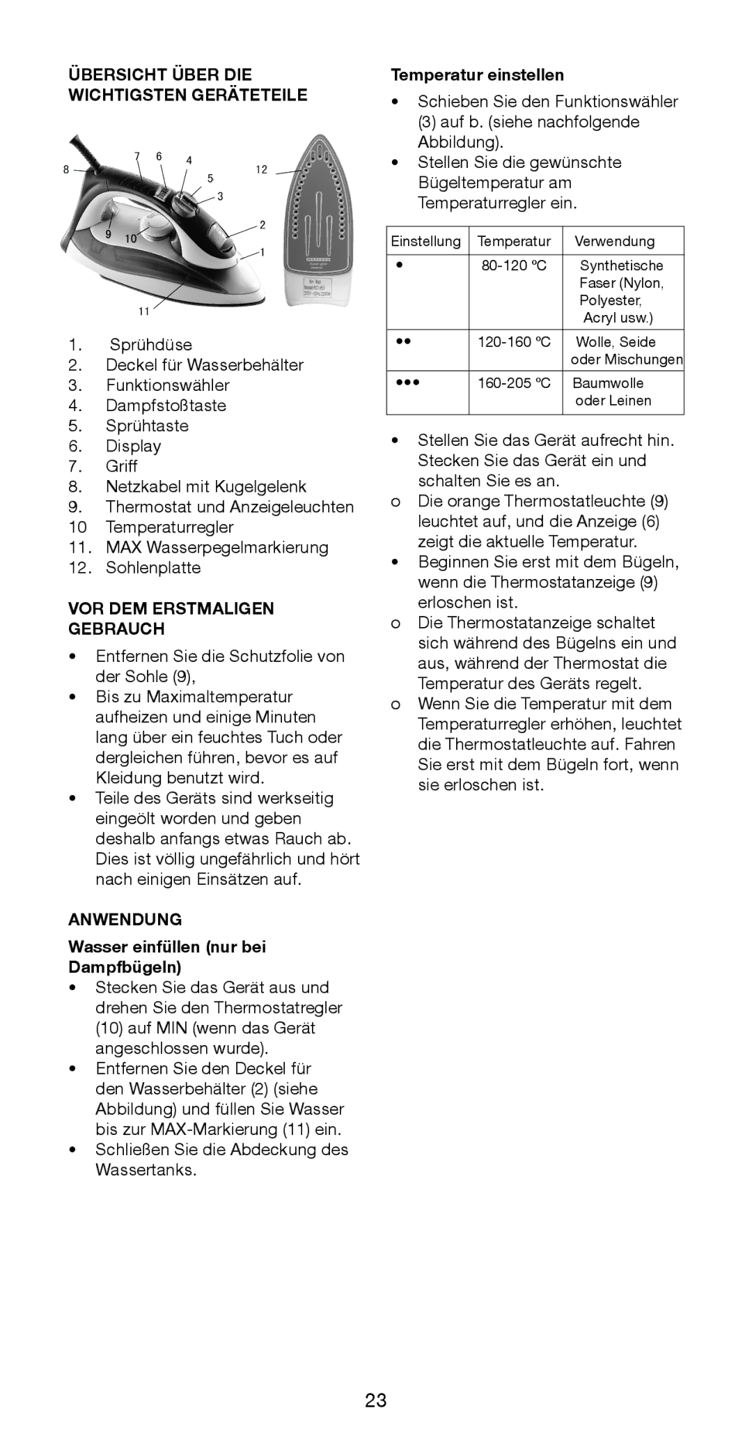 Melissa 741-048 Übersicht Über DIE Wichtigsten Geräteteile, VOR DEM Erstmaligen Gebrauch, Anwendung, Temperatur einstellen 