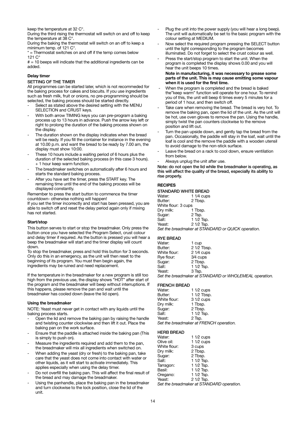 Melissa 743-066 manual Delay timer, Start/stop, Using the breadmaker, Recipes 