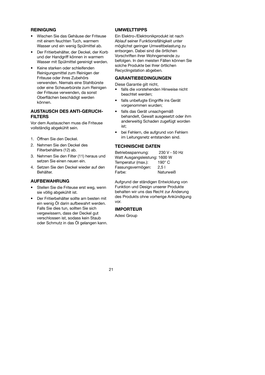 Melissa 743-191 Reinigung, Austausch DES ANTI-GERUCH- Filters, Aufbewahrung, Umwelttipps, Garantiebedingungen, Importeur 