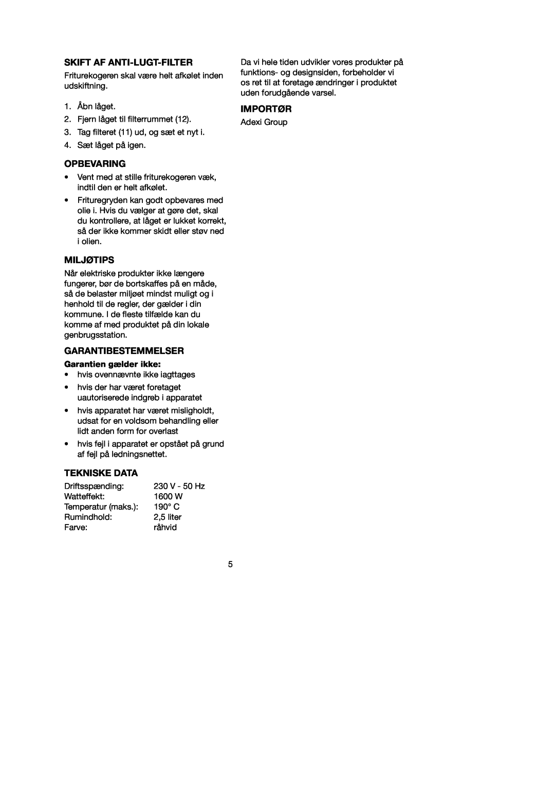 Melissa 743-191 manual Skift Af Anti-Lugt-Filter, Opbevaring, Miljøtips, Garantibestemmelser, Tekniske Data, Importør 