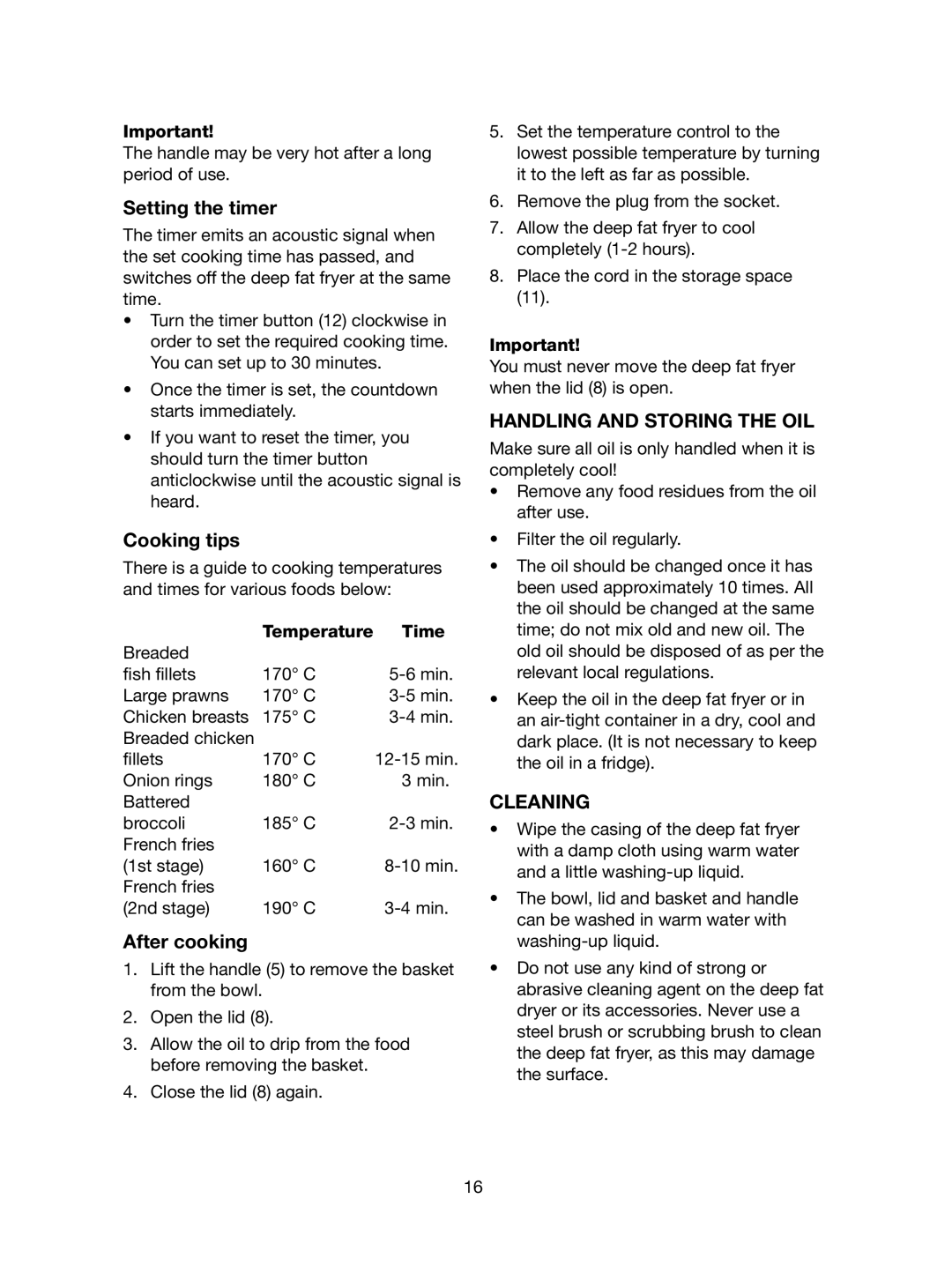 Melissa 743-192 manual Setting the timer, Cooking tips, After cooking, Handling and Storing the OIL, Cleaning 