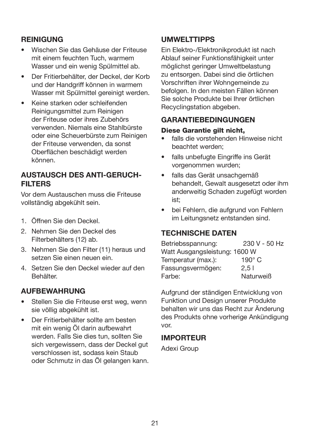 Melissa 743-194 Reinigung, Austausch DES ANTI-GERUCH- Filters, Aufbewahrung, Umwelttipps, Garantiebedingungen, Importeur 