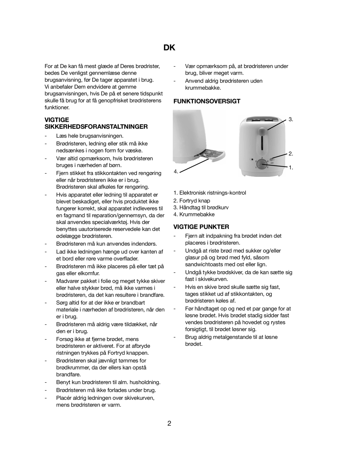 Melissa 743-196 manual Funktionsoversigt Vigtige Sikkerhedsforanstaltninger, Vigtige Punkter 