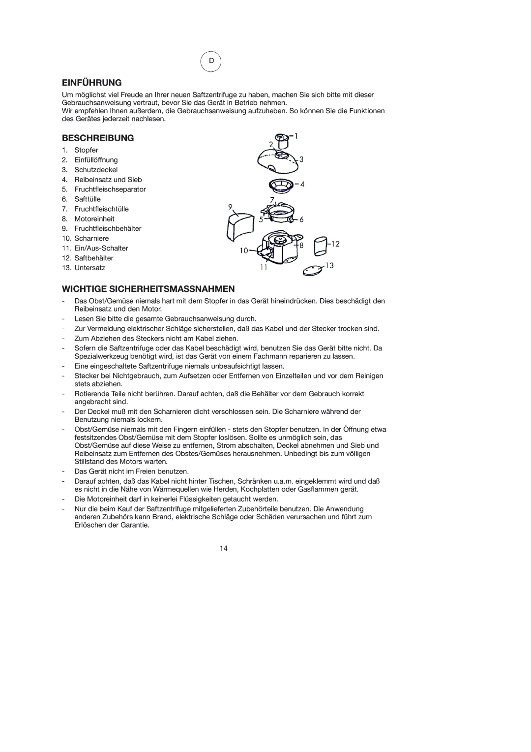 Melissa 744-016 manual Einführung, Beschreibung, Wichtige Sicherheitsmassnahmen 