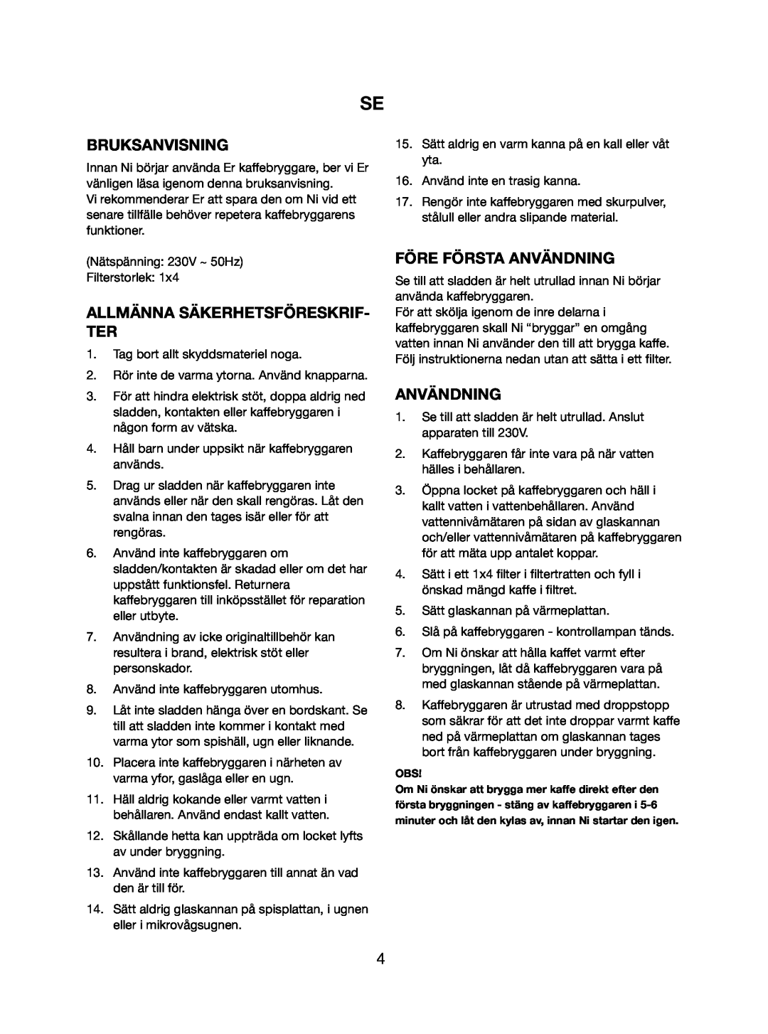 Melissa 745-112 manual Bruksanvisning, Allmänna Säkerhetsföreskrif- Ter, Före Första Användning 