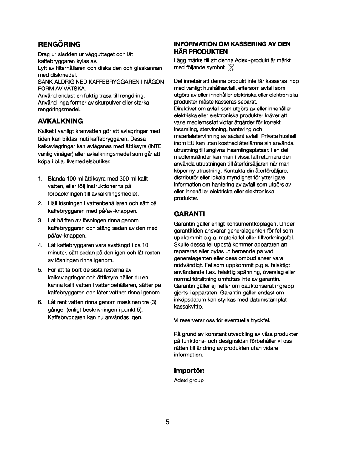 Melissa 745-112 manual Rengöring, Avkalkning, Garanti, Importör, Information Om Kassering Av Den Här Produkten 