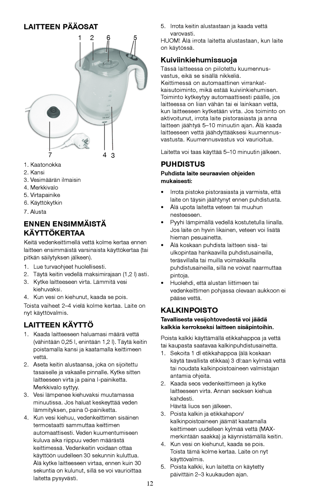 Melissa 745-153 manual Laitteen Pääosat, Ennen Ensimmäistä Käyttökertaa, Laitteen Käyttö, Puhdistus, Kalkinpoisto 