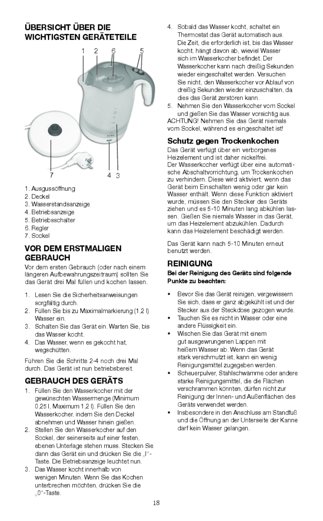 Melissa 745-153 Übersicht Über DIE Wichtigsten Geräteteile, VOR DEM Erstmaligen Gebrauch, Gebrauch DES Geräts, Reinigung 