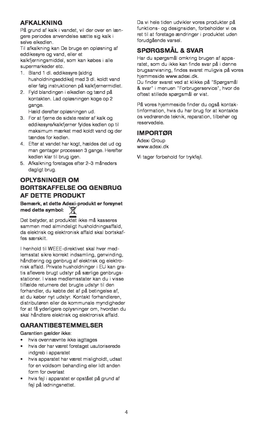 Melissa 745-153 manual Afkalkning, Garantibestemmelser, Spørgsmål & Svar, Importør 
