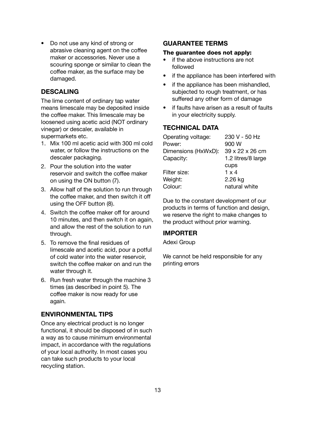 Melissa 745-182 manual Descaling, Environmental Tips, Guarantee Terms, Technical Data, Importer 