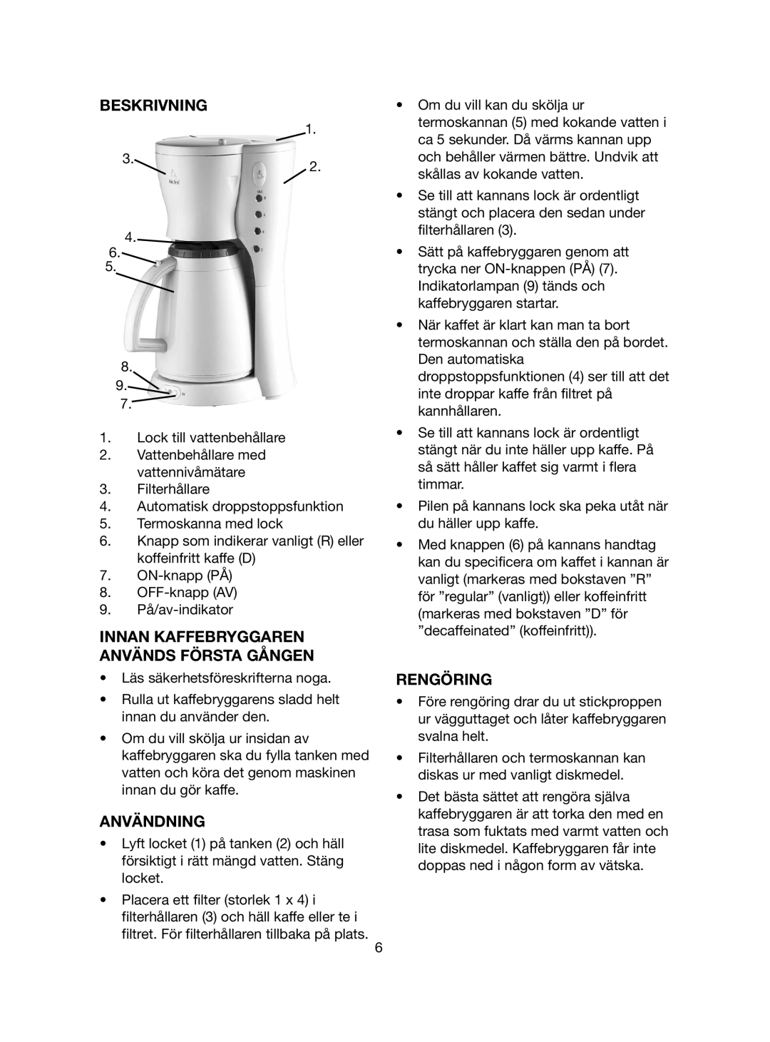 Melissa 745-182 manual Beskrivning, Innan Kaffebryggaren Används Första Gången, Användning, Rengöring 