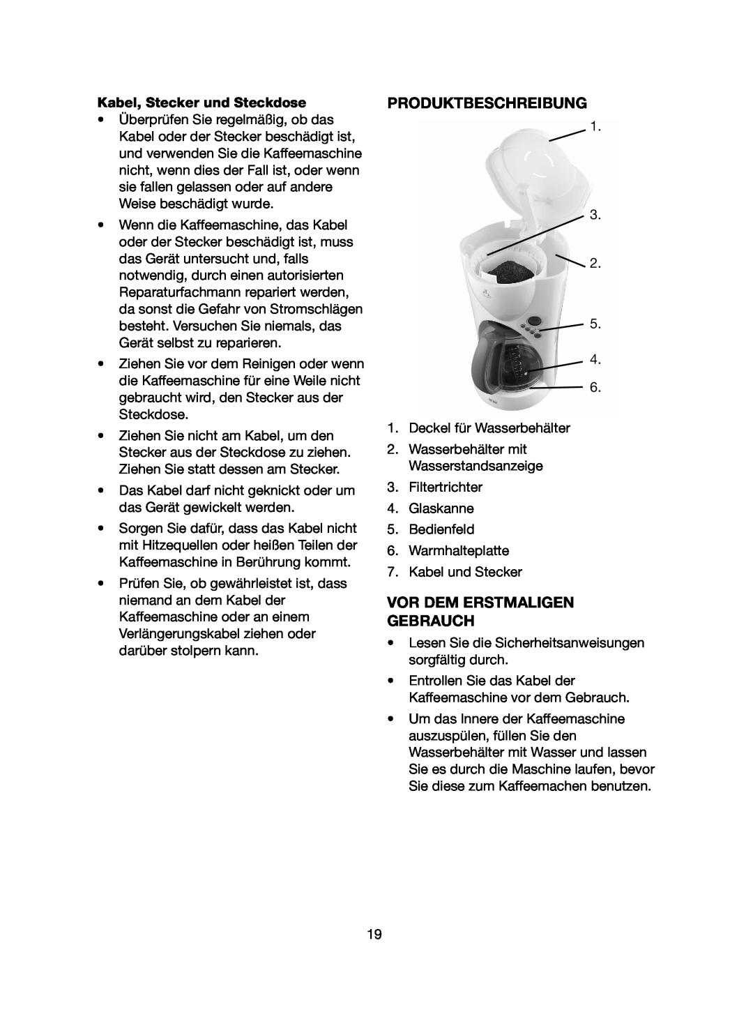 Melissa 745-183 manual Produktbeschreibung, Vor Dem Erstmaligen Gebrauch, Kabel, Stecker und Steckdose 