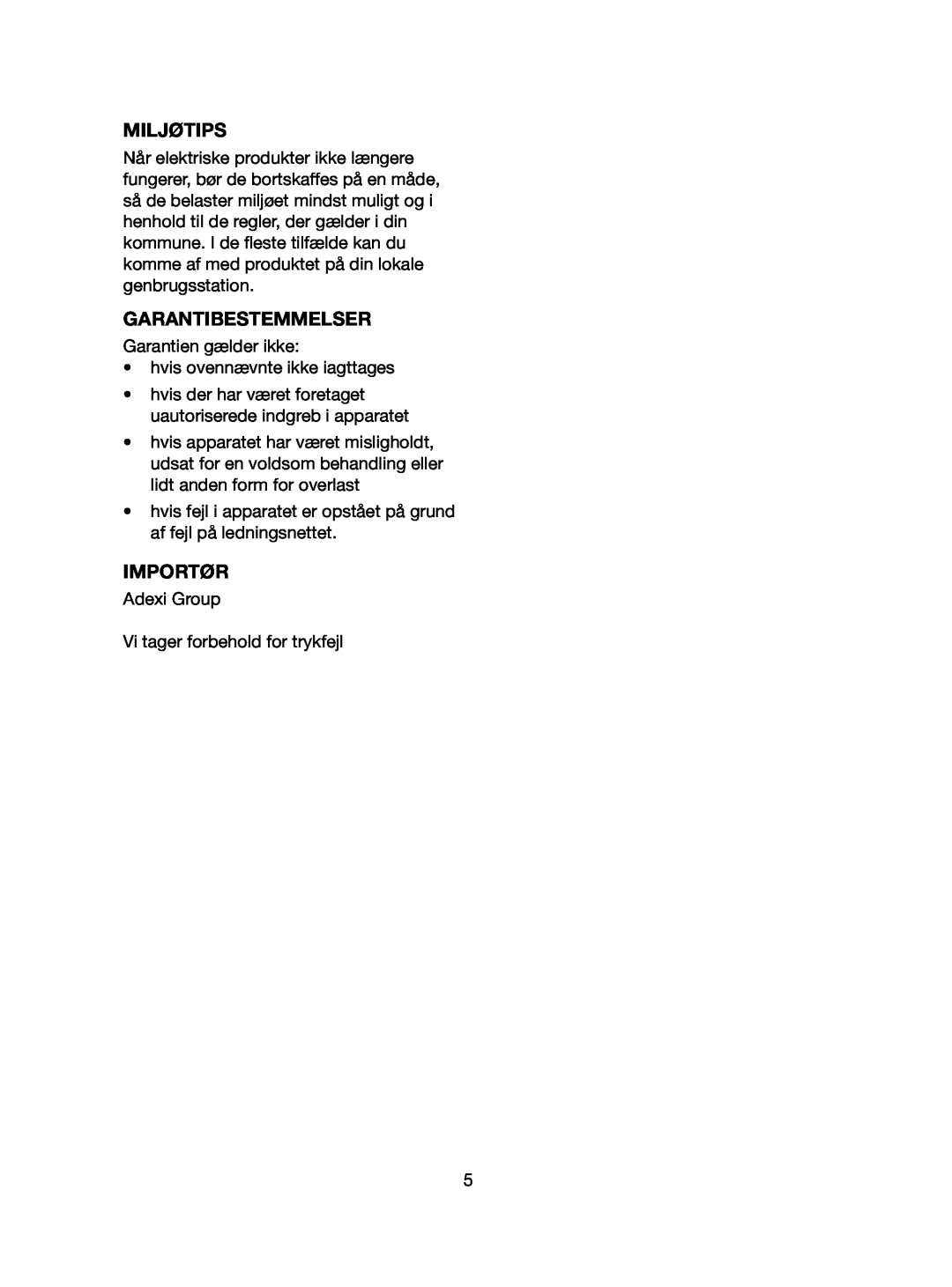 Melissa 745-183 manual Miljøtips, Garantibestemmelser, Importør 