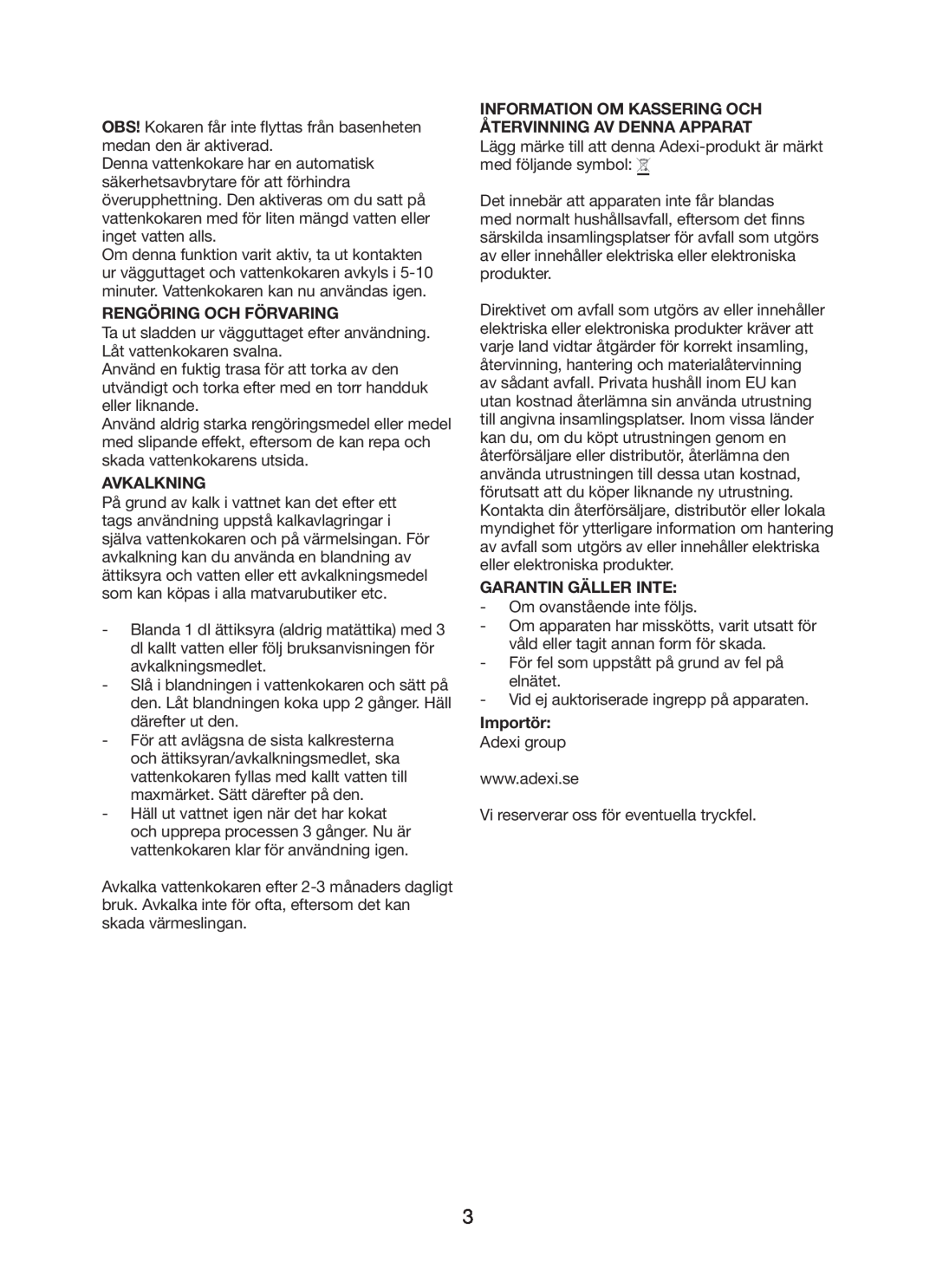 Melissa 745-188 manual Rengöring Och Förvaring, Avkalkning, Garantin Gäller Inte, Importör 