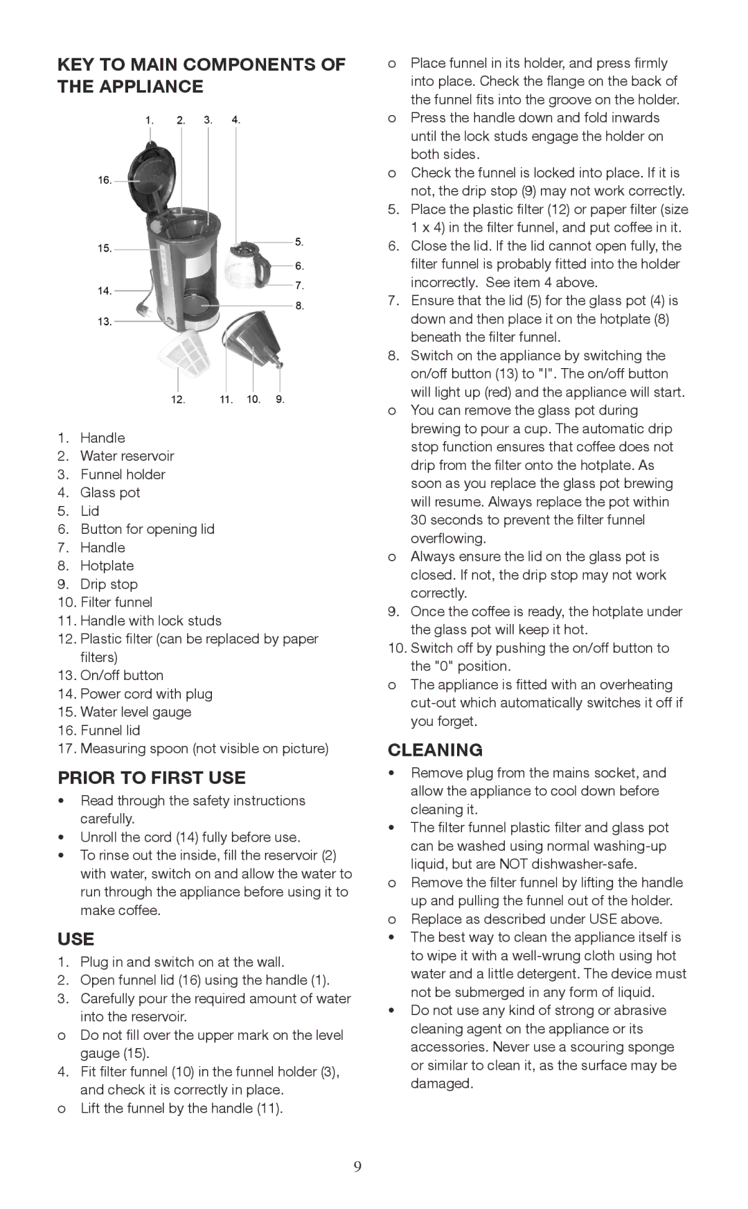 Melissa 745-190 manual KEY to Main Components of the Appliance, Prior to First USE, Use, Cleaning 