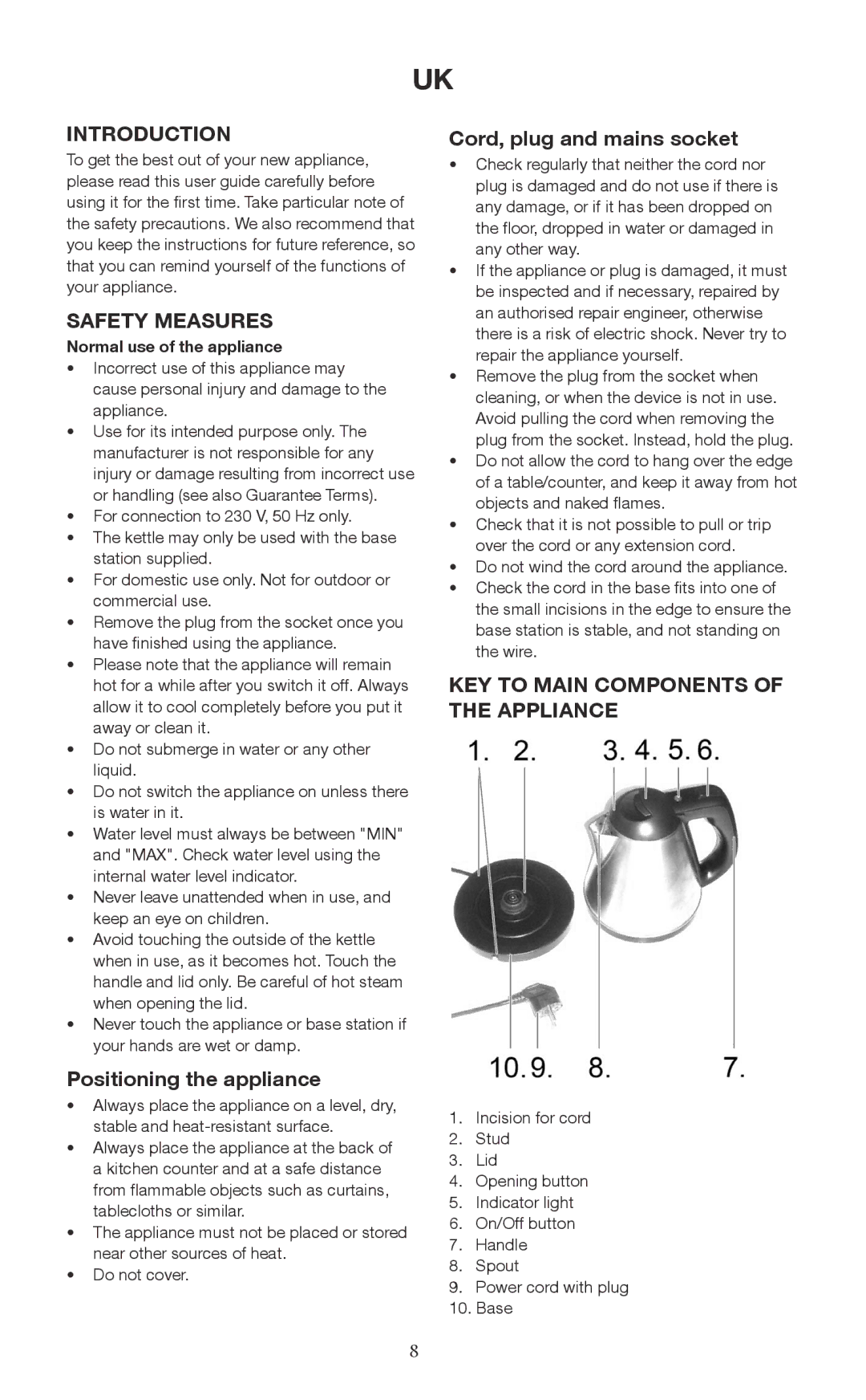 Melissa 745-191 manual Introduction, Safety Measures, Positioning the appliance, Cord, plug and mains socket 