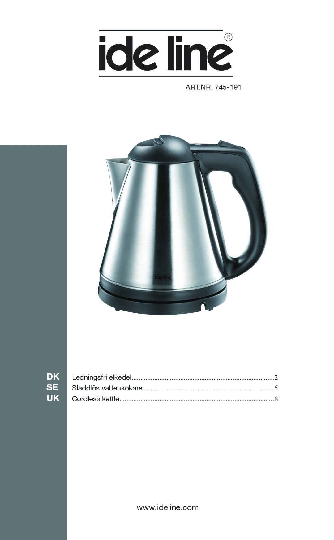 Melissa 745-191 manual Art.Nr, Ledningsfri elkedel, Sladdlös vattenkokare, Cordless kettle 
