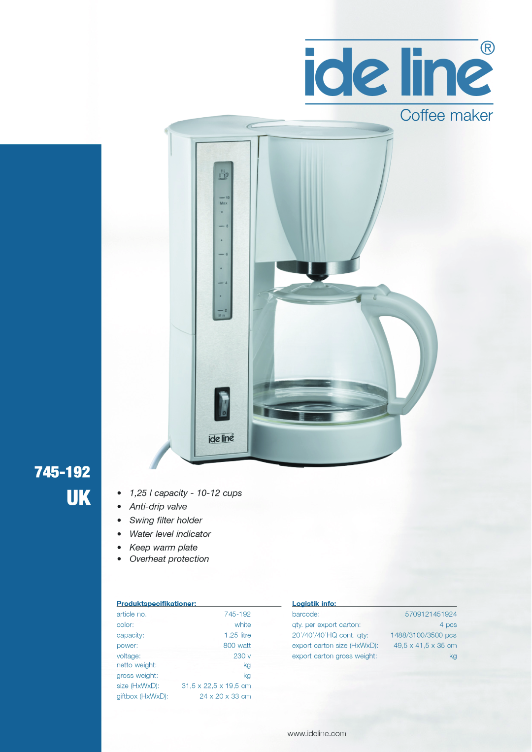 Melissa 745-192 manual Coffee maker, 1,25 l capacity - 10-12cups Anti-dripvalve, Swing filter holder Water level indicator 