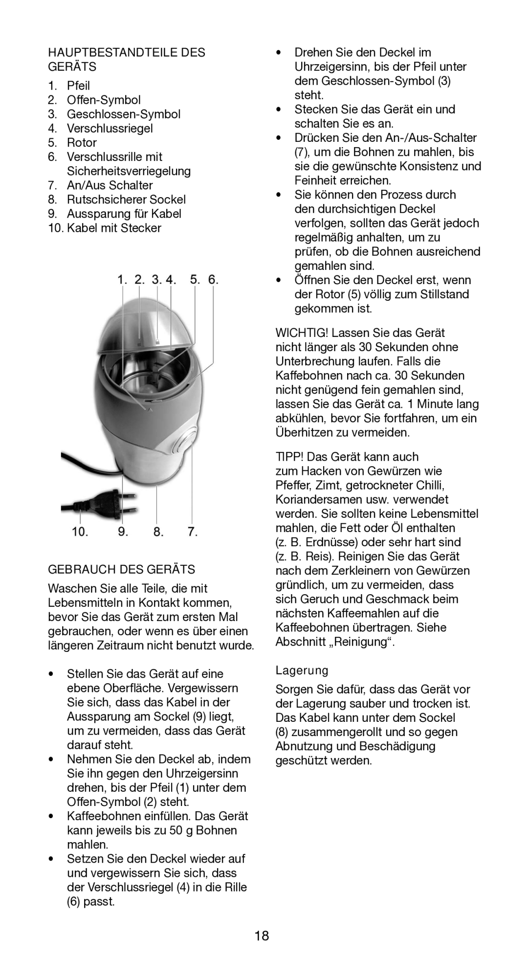 Melissa 745-95 manual Hauptbestandteile DES Geräts, Gebrauch DES Geräts, Lagerung 