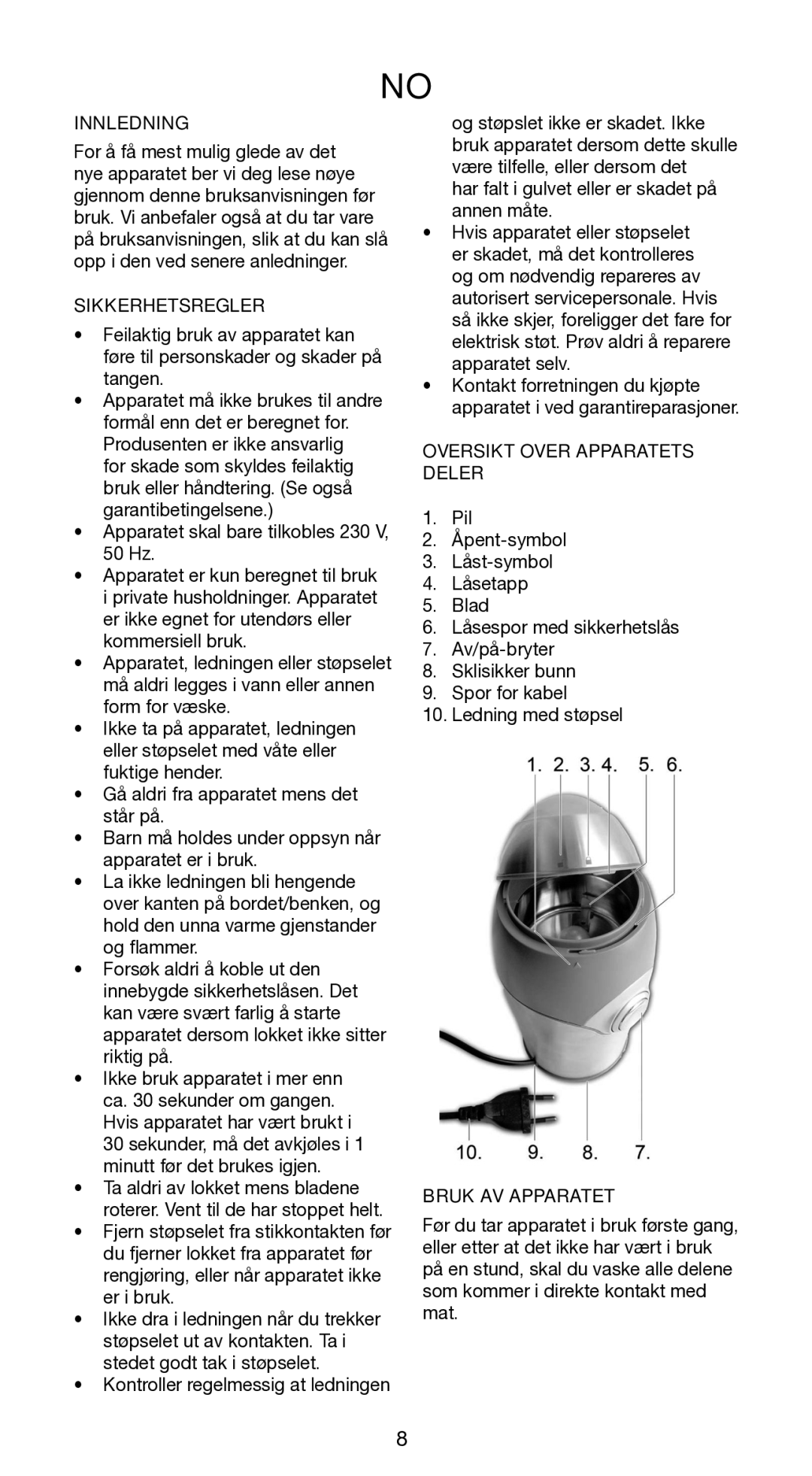 Melissa 745-95 manual Innledning, Sikkerhetsregler, Oversikt Over Apparatets Deler, Bruk AV Apparatet 