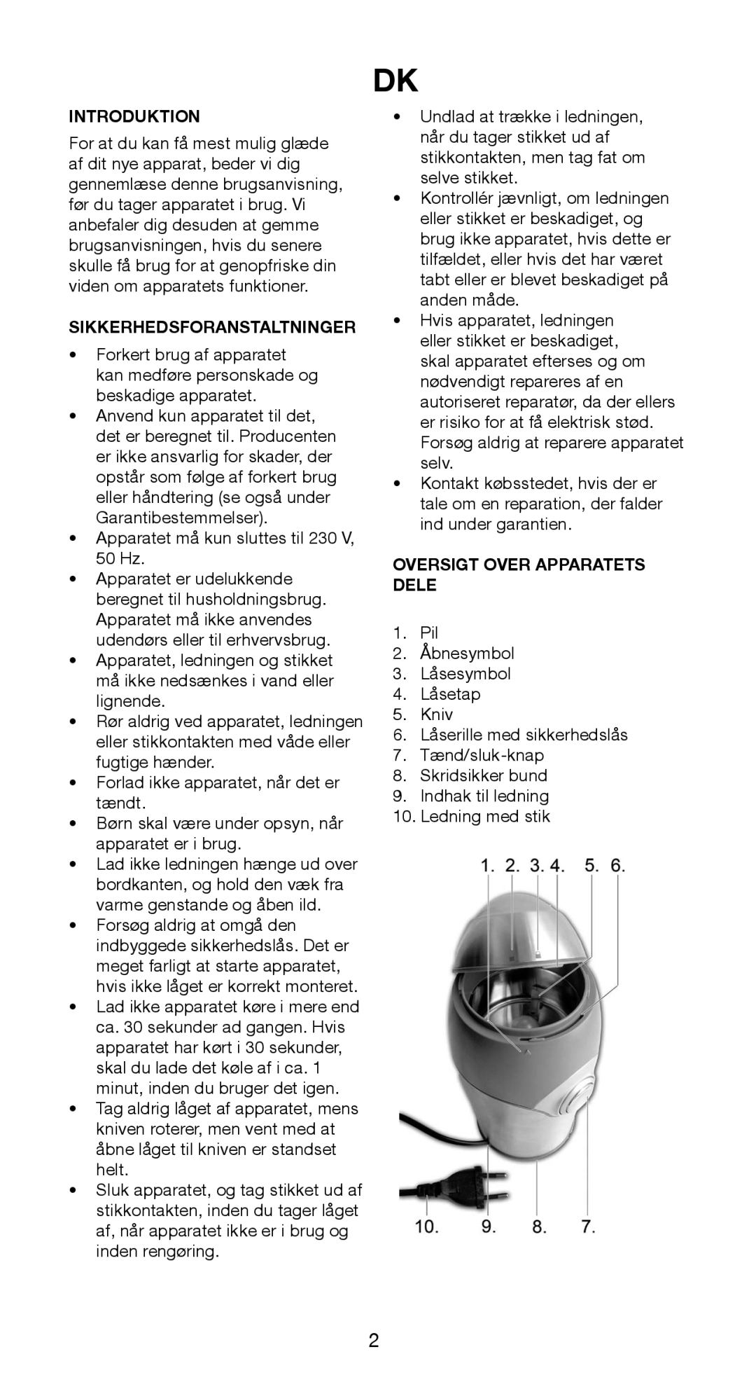 Melissa 745-95 manual Introduktion, Sikkerhedsforanstaltninger, Oversigt Over Apparatets Dele 