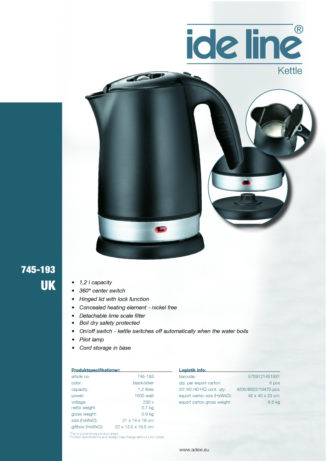 Melissa 745193 manual 745-193, Kettle, Logistik info, Giftbox HxWxD 