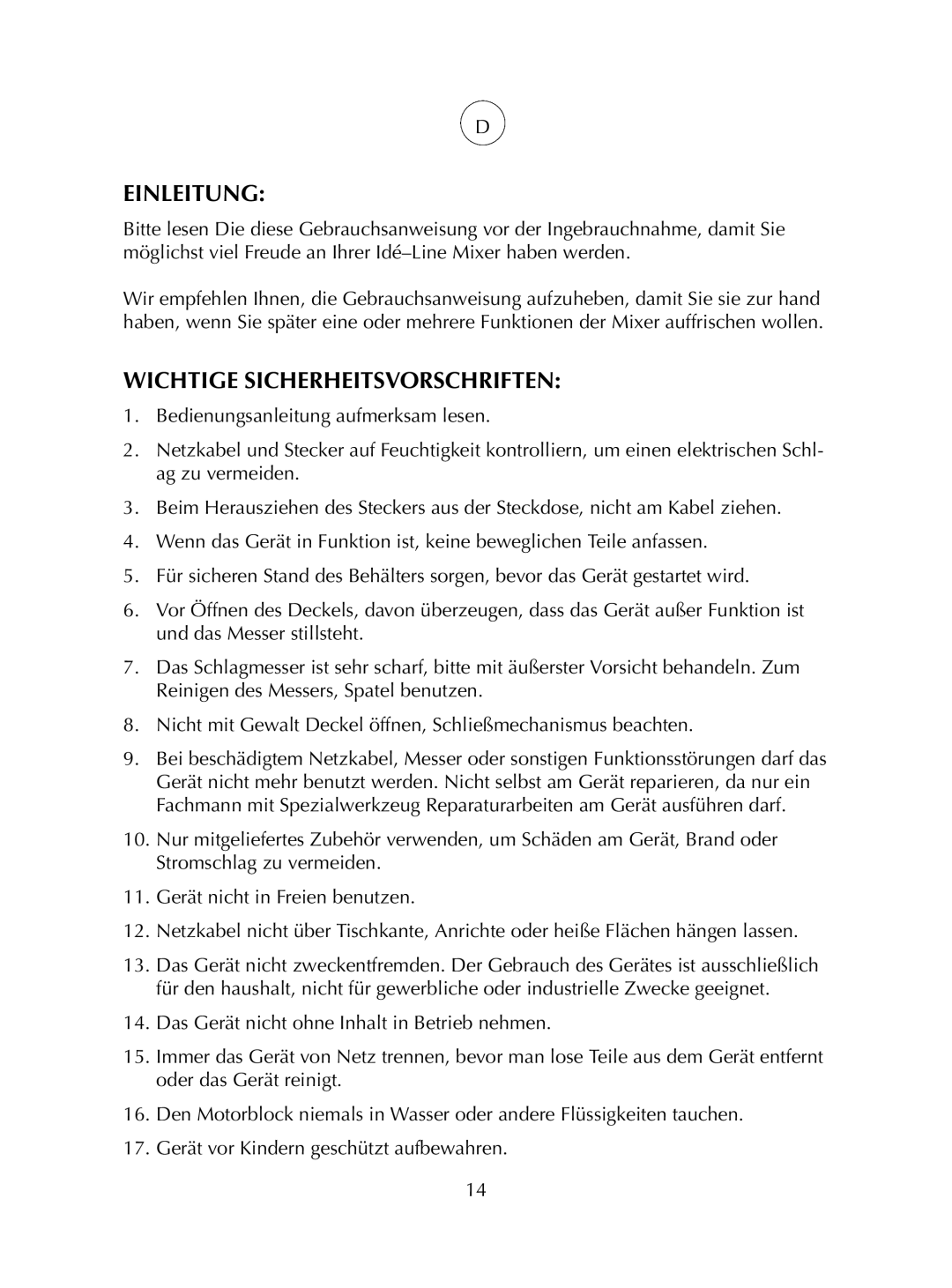 Melissa 746-026 manual Einleitung, Wichtige Sicherheitsvorschriften 