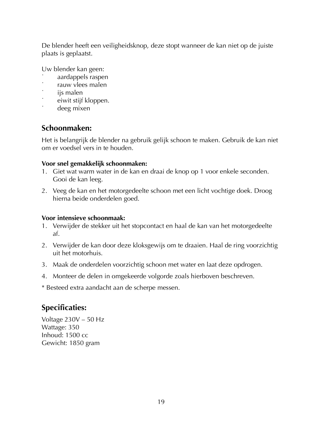 Melissa 746-026 manual Schoonmaken, Specificaties 