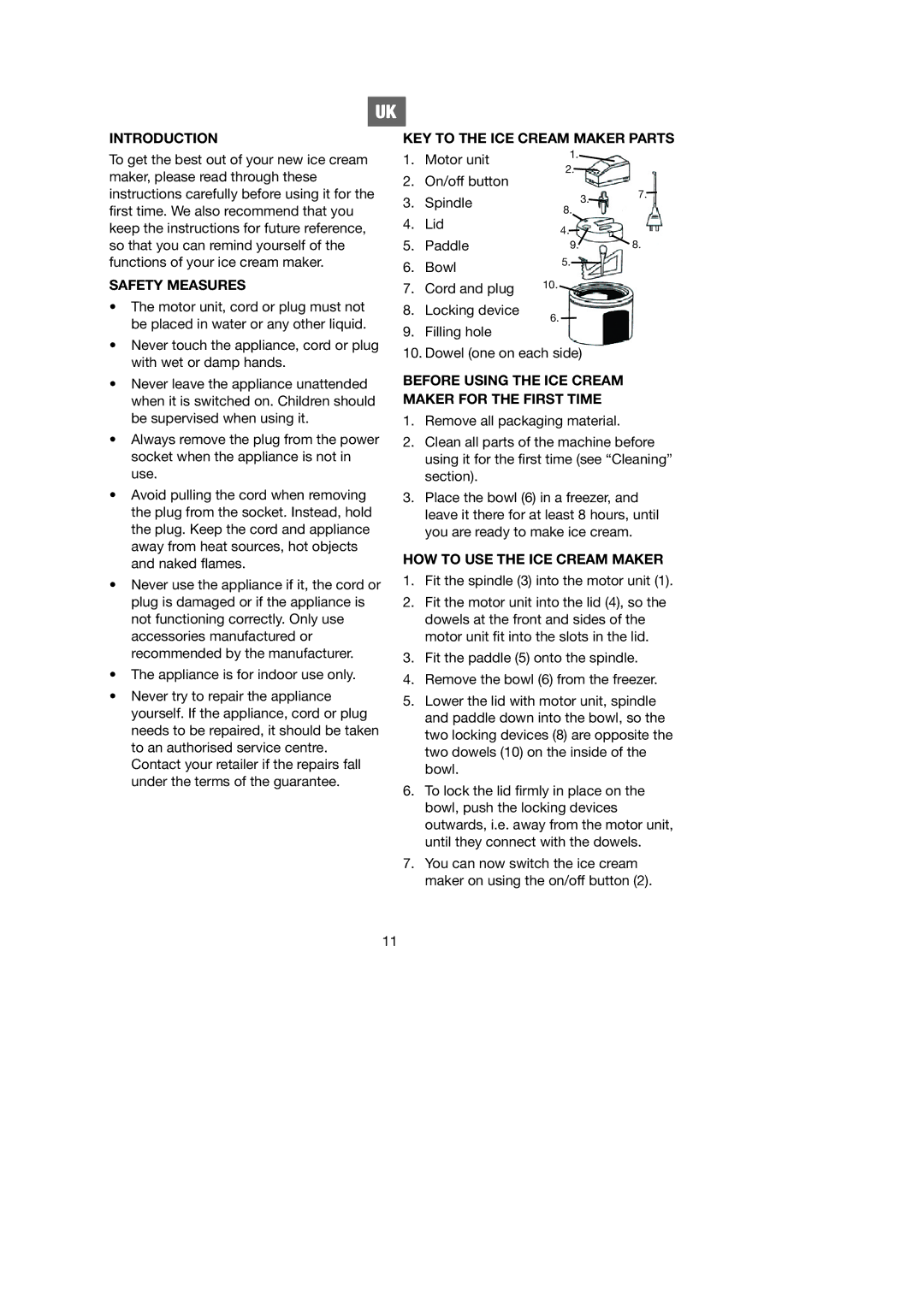 Melissa 746-080 manual Introduction, Safety Measures, KEY to the ICE Cream Maker Parts, HOW to USE the ICE Cream Maker 