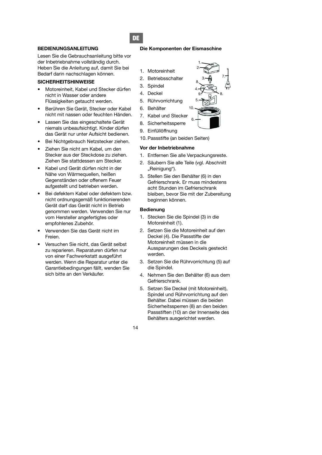 Melissa 746-080 manual Bedienungsanleitung, Sicherheitshinweise, Die Komponenten der Eismaschine, Vor der Inbetriebnahme 