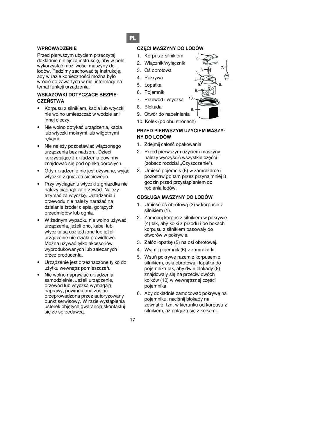 Melissa 746-080 manual Wprowadzenie, Wskazówki Dotyczñce BEZPIE- CZE¡STWA, CZ¢CI Maszyny do Lodów, OBS¸UGA Maszyny do Lodów 