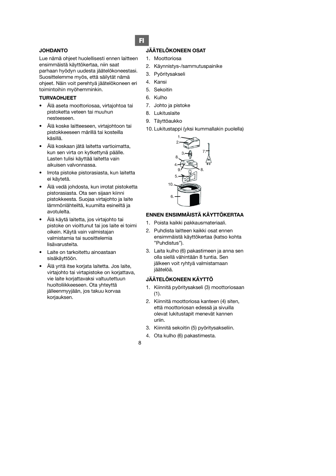 Melissa 746-080 manual Johdanto, Turvaohjeet, Jäätelökoneen Osat, Ennen Ensimmäistä Käyttökertaa, Jäätelökoneen Käyttö 