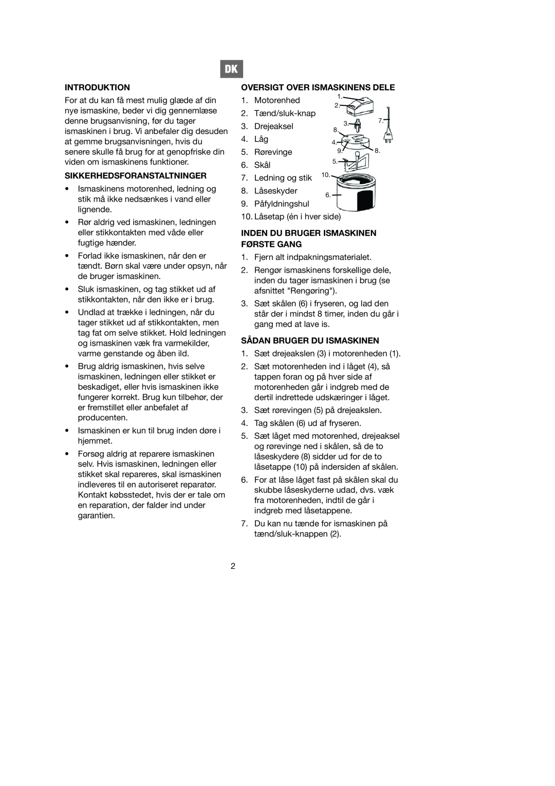 Melissa 746-080 manual Introduktion, Sikkerhedsforanstaltninger, Oversigt Over Ismaskinens Dele, Sådan Bruger Du Ismaskinen 