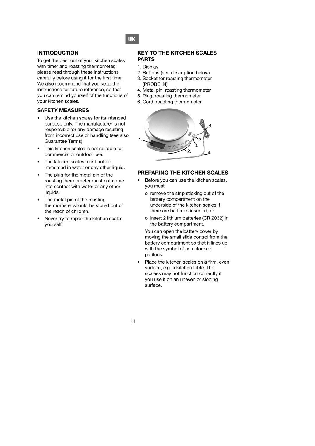 Melissa 746-081 manual Introduction, Safety Measures, KEY to the Kitchen Scales Parts, Preparing the Kitchen Scales 