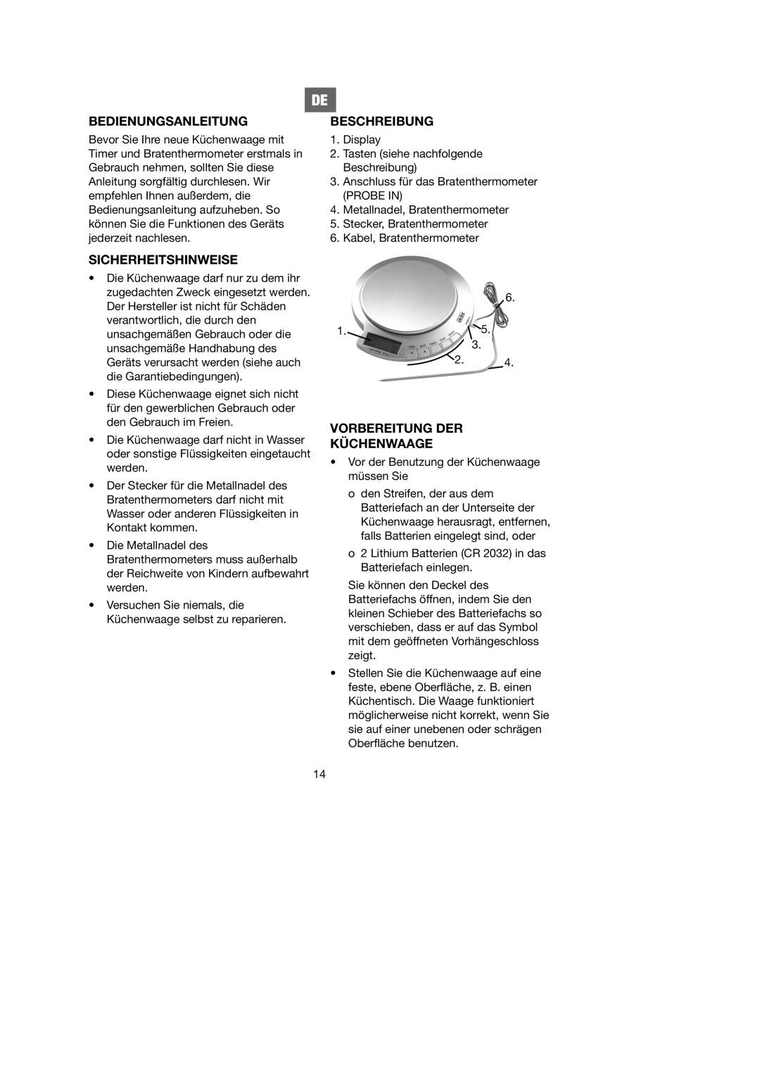 Melissa 746-081 manual Bedienungsanleitung, Beschreibung, Sicherheitshinweise, Vorbereitung DER Küchenwaage 