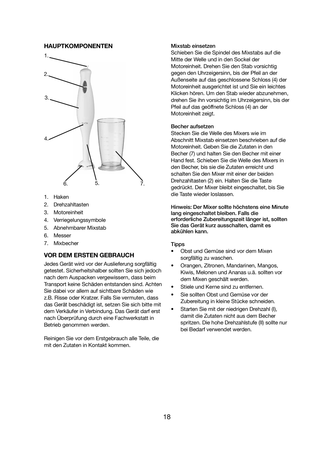 Melissa 746-086 manual Hauptkomponenten, VOR DEM Ersten Gebrauch 