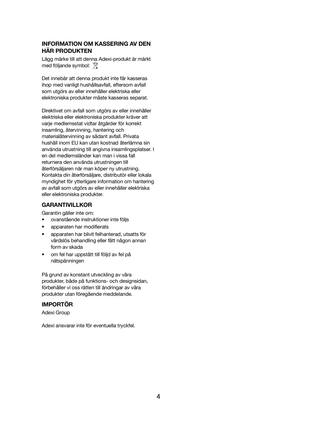 Melissa 746-086 manual Information Om Kassering Av Den Här Produkten, Garantivillkor, Importör 