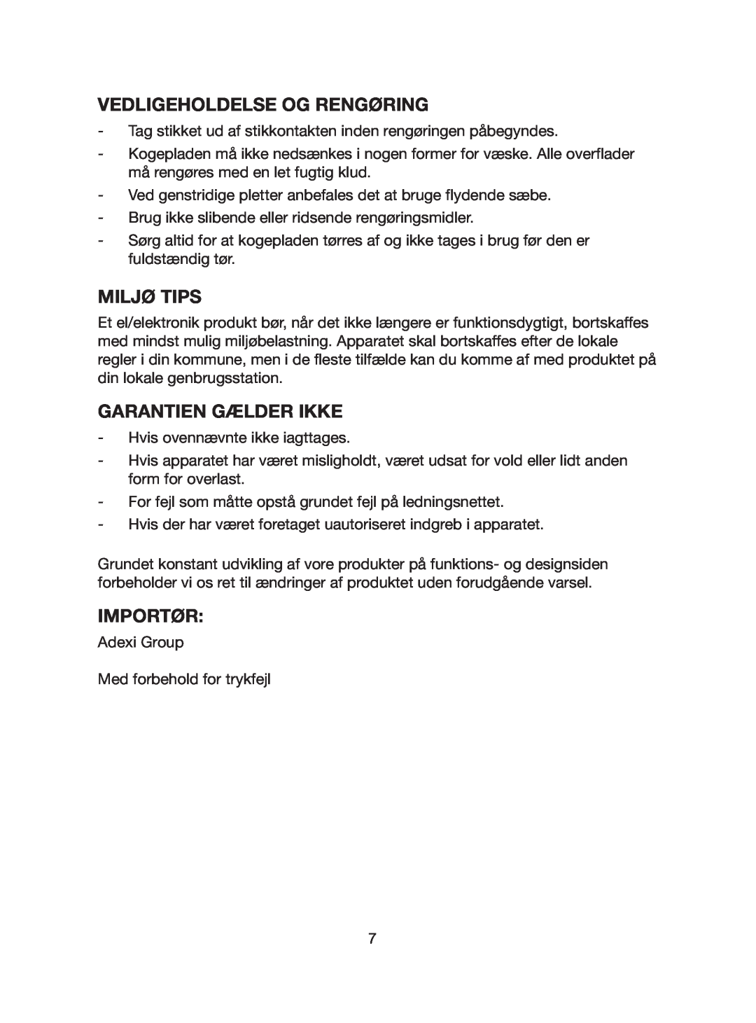 Melissa 750-024 manual Vedligeholdelse Og Rengøring, Miljø Tips, Garantien Gælder Ikke, Importør 