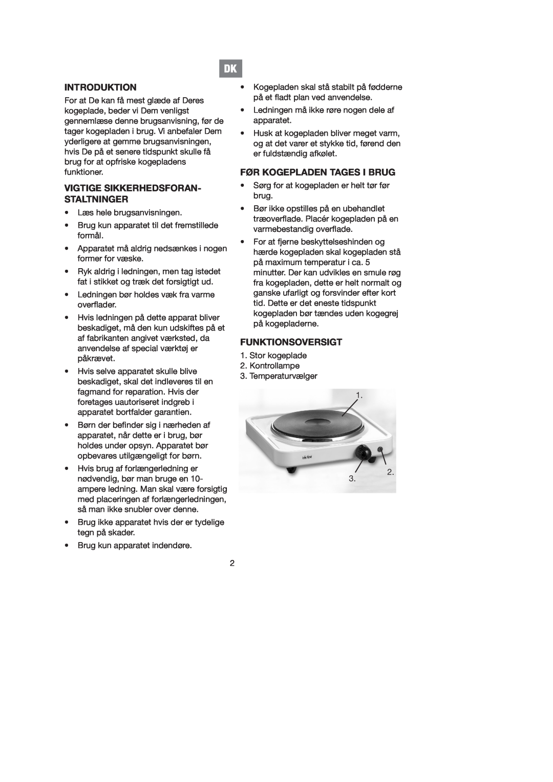 Melissa 750-026 manual Introduktion, Vigtige Sikkerhedsforan- Staltninger, Før Kogepladen Tages I Brug, Funktionsoversigt 